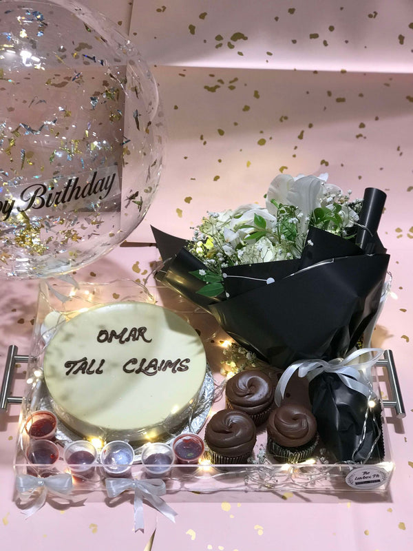 Celebration Acrylic Tray with Cake, Cupcakes, Flowers & Balloon