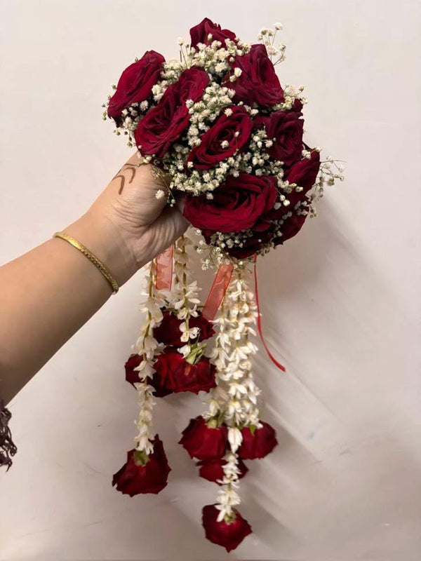 Red Rose Bridal Gajray with White Floral Hangings 🤍