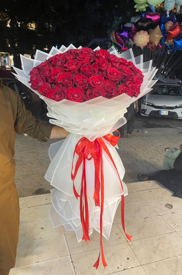 Grand Red Rose Bouquet with Elegant White Wrap ❤️