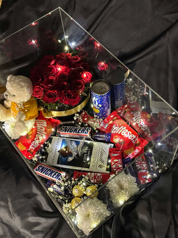 XL Chocolate & Rose Acrylic Box with Teddy - Kids Gift Box