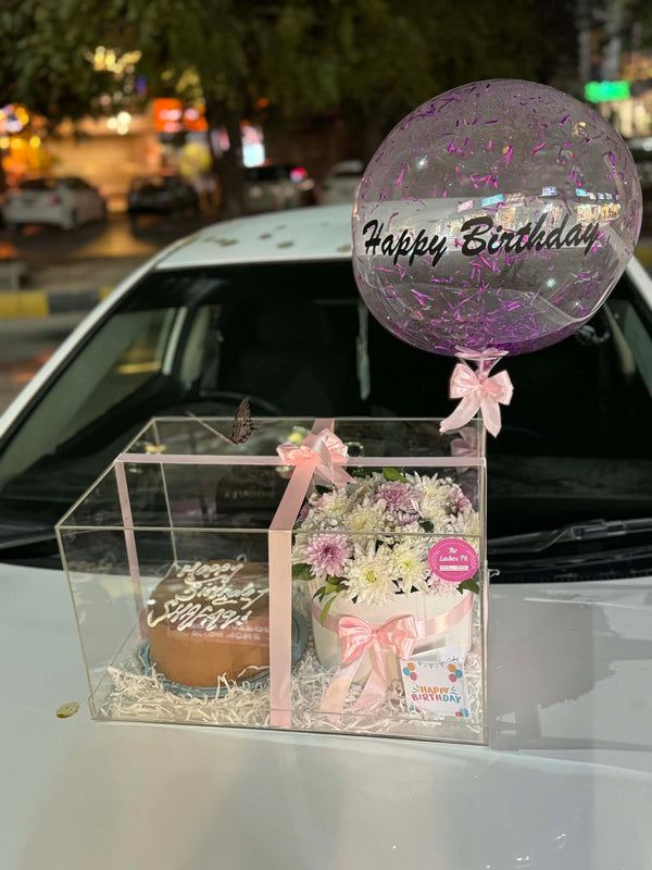 Celestial Charm 🎈 Acrylic Box Gift Set – Custom Balloon, Cake & Flowers