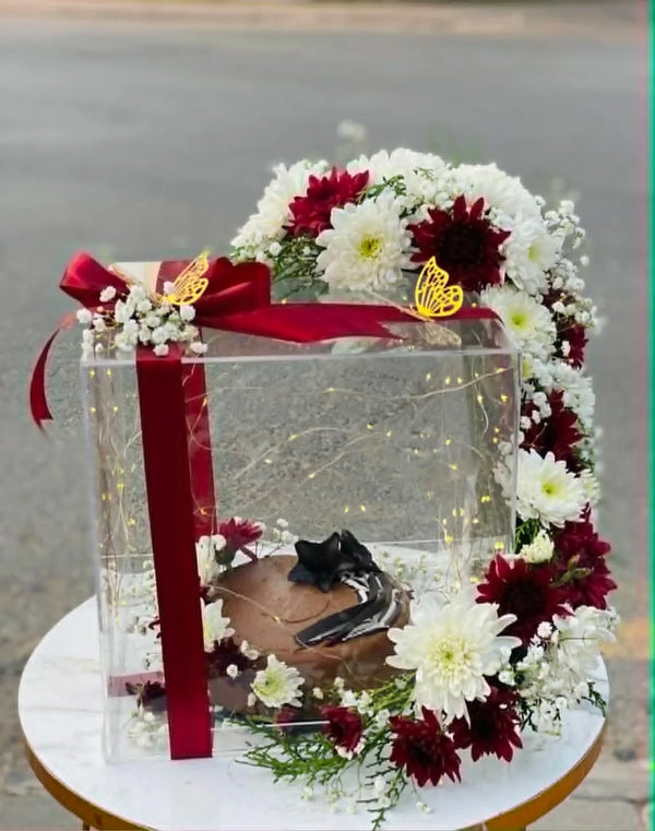 Crystal Bloom Luxe 🎈 Acrylic Cake Box with Floral Arch Design