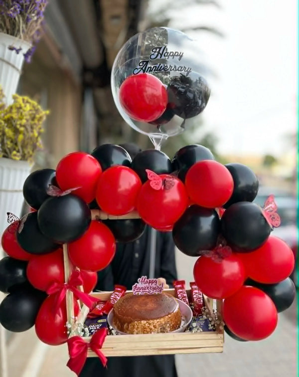 Forever Moments – Anniversary Luxury Wooden Basket with Balloon Arch, Cake & Chocolates