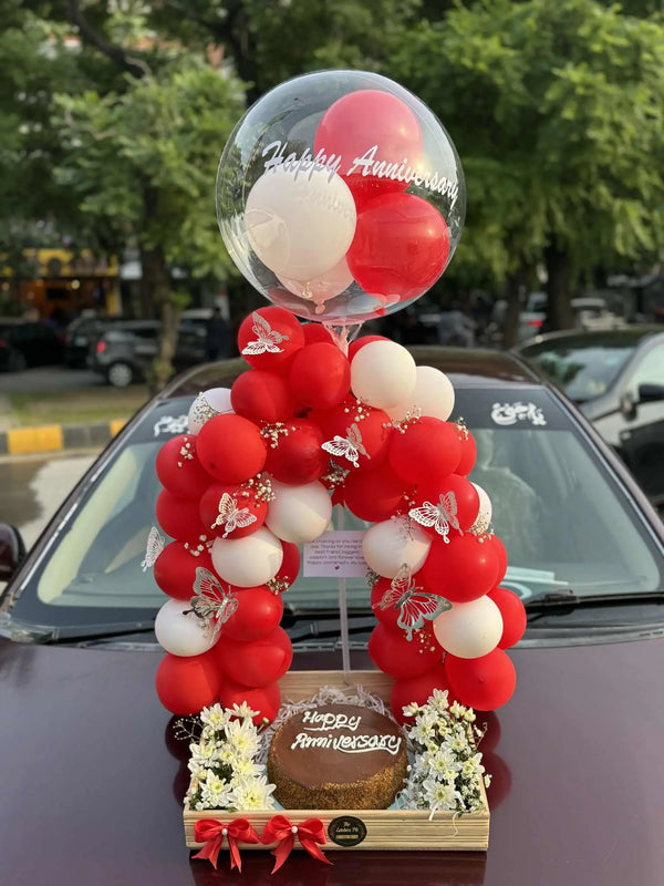 Forever Us ✨ Anniversary Wooden Tray with Balloon Arch, Cake & Flowers