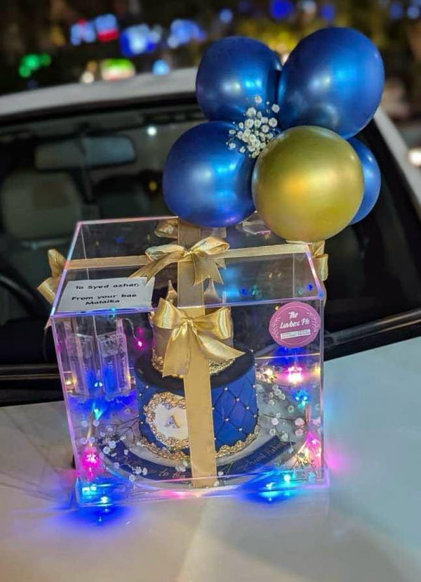 For Him – Premium 3-4 Lbs Customized Cake in Acrylic Box with Balloons & Lights