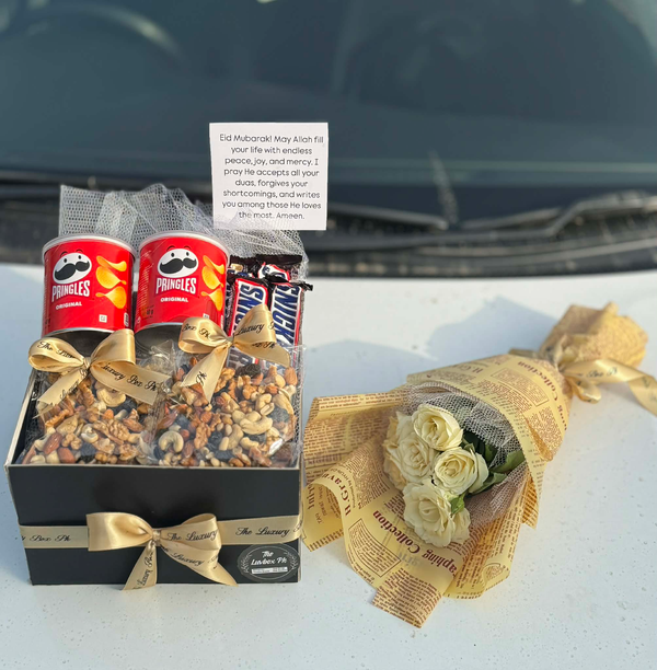 Eid Delight Mini Snack & White Rose Gift Box 🌙🤍✨