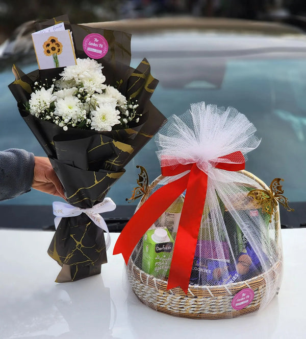 Get Well Soon Combo with Snack Basket & Mini Flower Bouquet