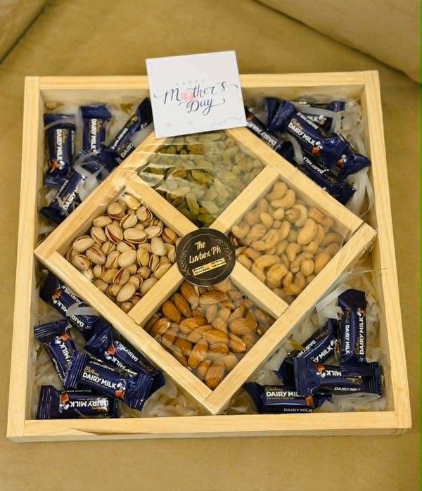 ChocoNut Elegance – Luxury Wooden Partition Tray with Dry Fruits & Chocolate Sides
