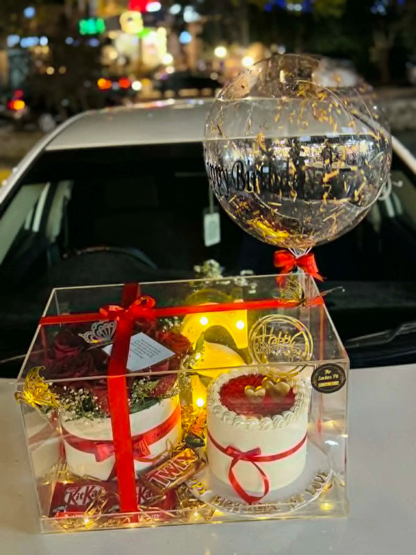 Celestial Luxe Vault – Ultra Luxury Acrylic Gift Box with Cake, Roses, Chocolates & LED Name Surprise