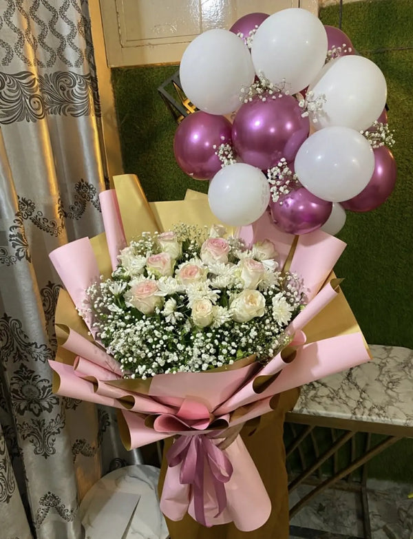 Cloud Nine Grand White Bloom Bouquet with Balloon Bunch